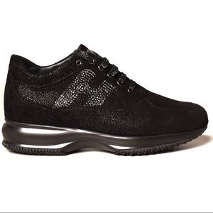 Hogan Womens Interactive Black Rhinestone Embellished Crocodile Pattern Sneakers
